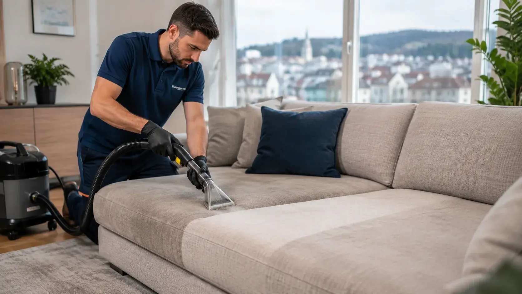 Professionelle Reinigung Sofa Schweiz – Tiefenreinigung eines Stoffsofas mit professionellem Polsterreinigungsgerät
